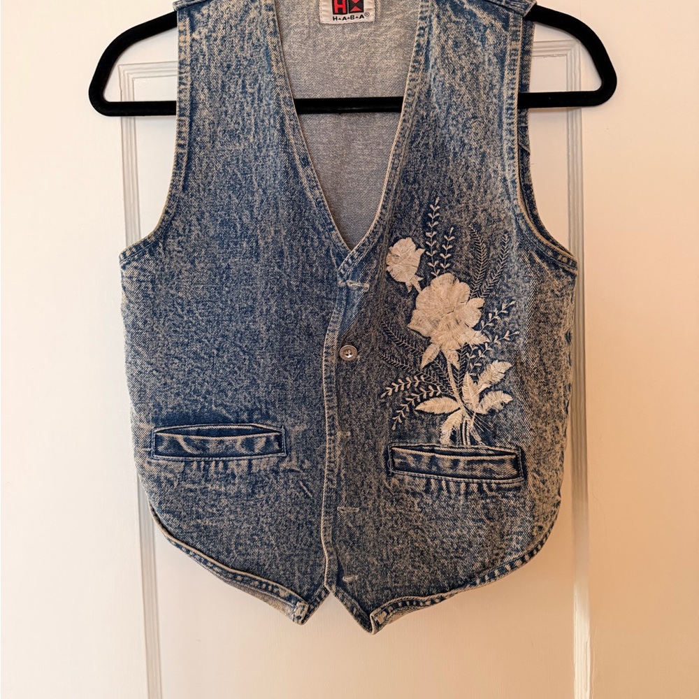 Denim Vest with Floral Embroidery